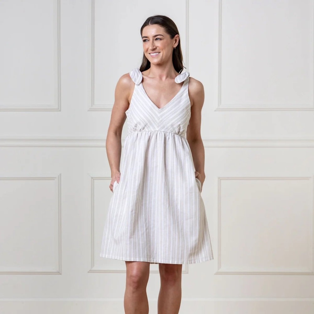 Hope & Henry‎ Striped Linen Blend Tie Shoulder Dress Womens 6 Beige New NWT